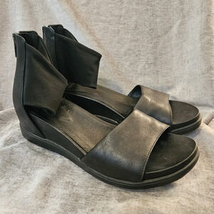Eileen Fisher Black Leather Open Toe Wedge Sandals Ankle Strap Zip US 8